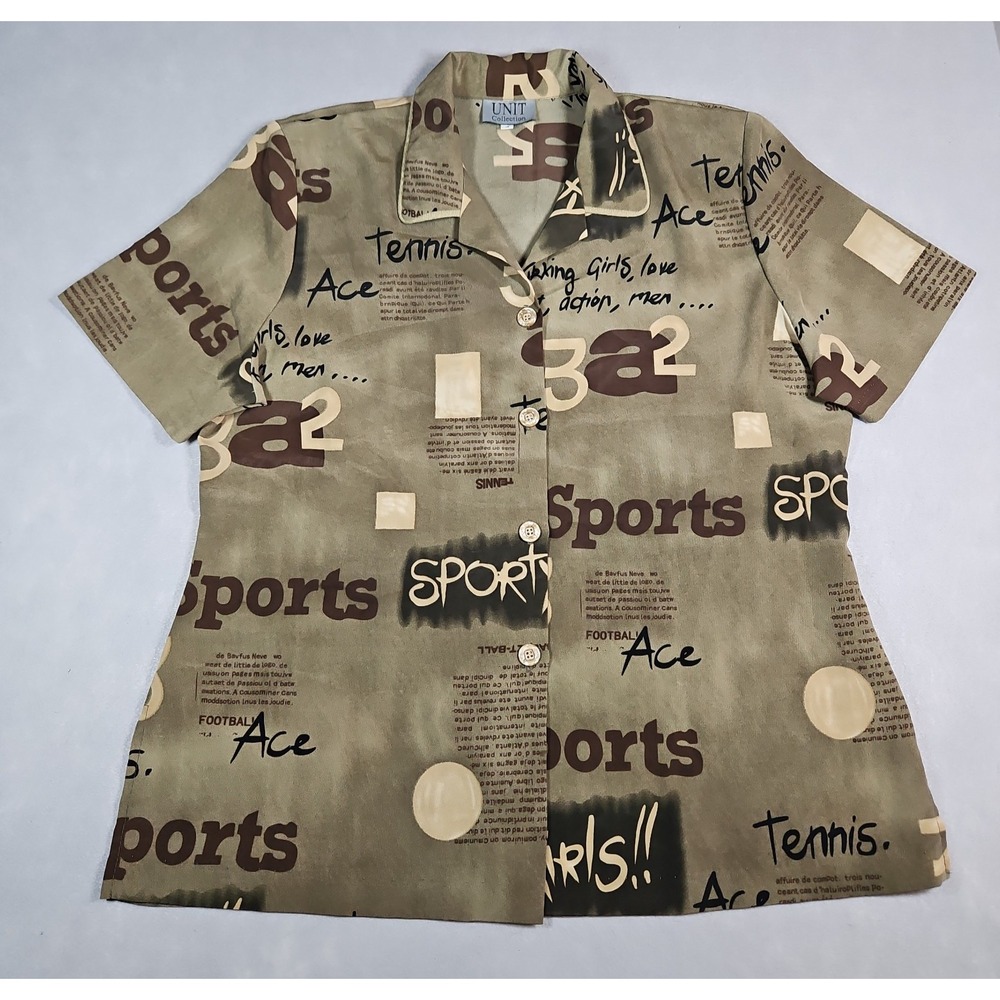Unit Collection Womens Green Sports Graphic Retro 90s Button Up Blouse Size 16